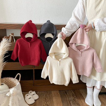 点兮冬季新款婴幼儿加绒加厚连帽毛衣女宝宝洋气百搭纯色针织衫潮