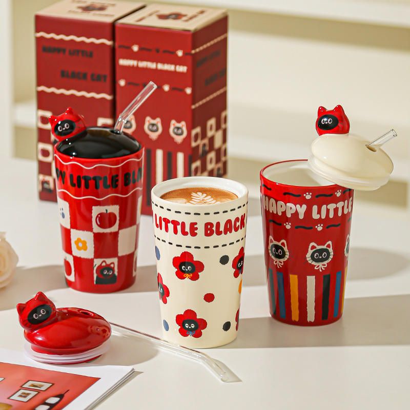 Caricatura gatito taza de paja hermosa taza de alto valor facial taza de agua taza de gran capacidad con cubierta de regalo