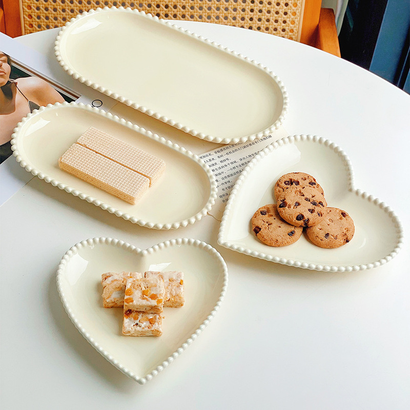 French Ins Ceramic Plate Pearl Oval Disc Heart-shaped Breakfast Western-style Afternoon Tea Dessert Plate Salad Cake Bowl