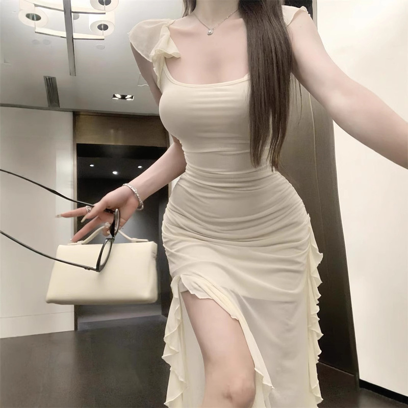 Sweet Spice Girl Pure Desire Wind Small Flying Sleeve Split Sling dress Women's Summer Waist Slimming Irregular Mesh Long Dress Sweet Spice Girl Pure Desire Wind Small Flying Sleeve Split Sling dress Women's Summer Waist Slimming Irregular Mesh Long Dress