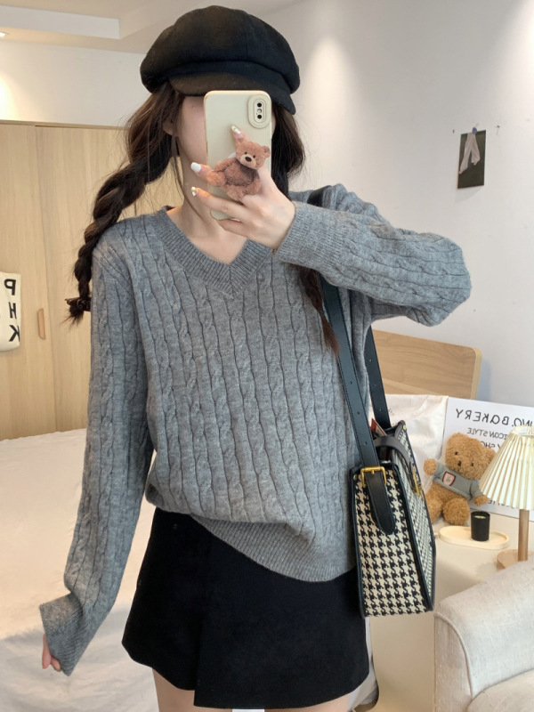 韩版软糯麻花毛衣女装2025新款秋冬季内搭V领套头长袖针织衫上衣|undefined