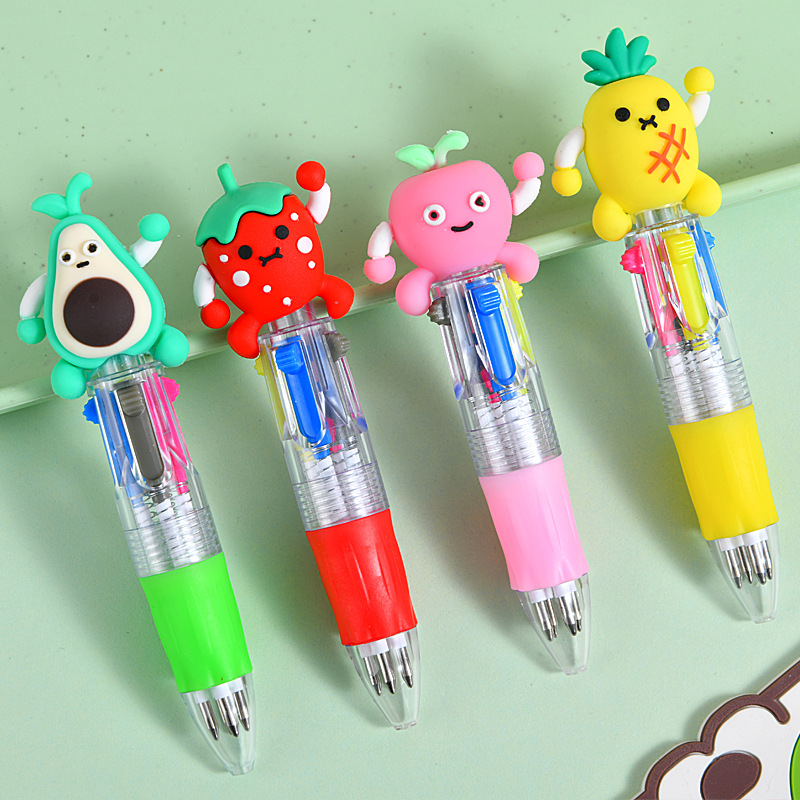 Caricatura de fruta encantadora mini bolígrafo de cuatro colores multicolor en uno bolígrafo de cuentas de mano de color para estudiantes premios papelería al por mayor