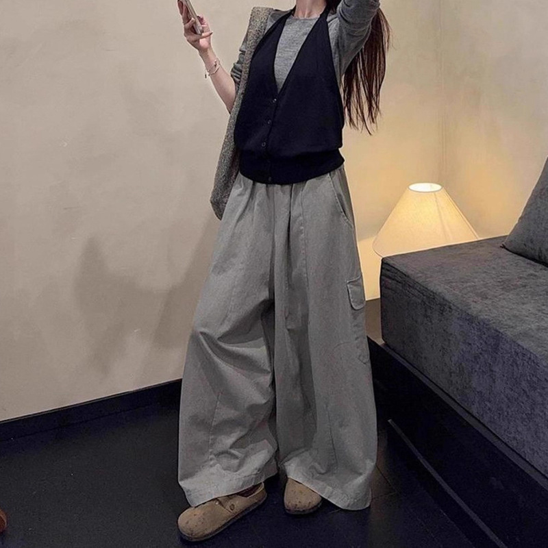 韩系穿搭灰色针织衫挂脖吊带水洗工装休闲裤女2025秋季新款套装潮|undefined