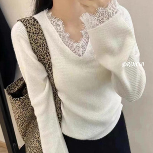 Tuguo Korean Style Commuter Lace V Neck 2024 Early Autumn New Fashion Bottoming Knitwear Long-Sleeved Top for Women