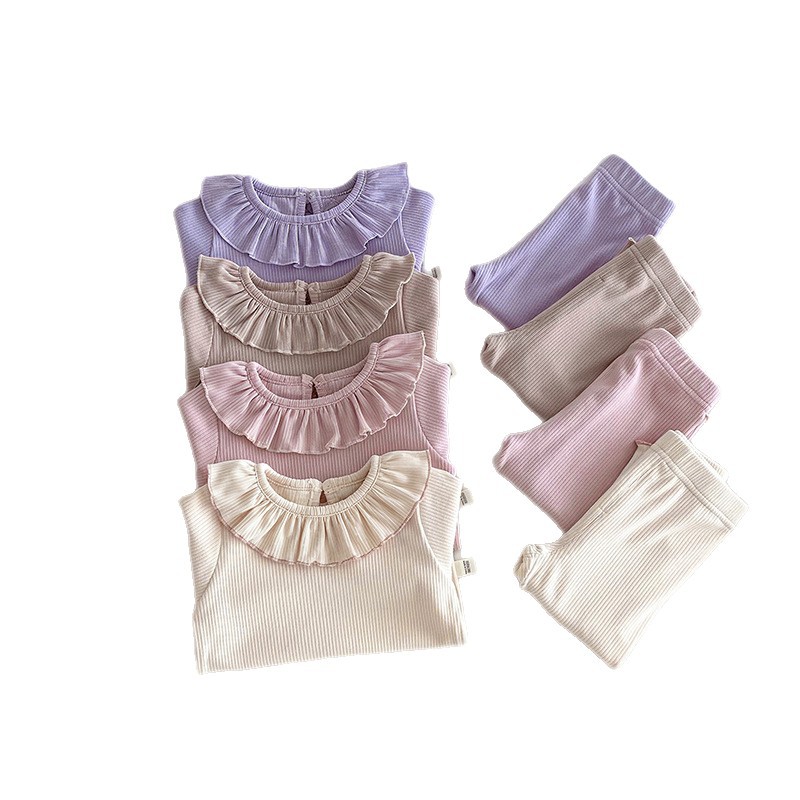 [Ninguna devolución no cambio] ropa de hogar de color sólido para niños pequeña izquierda pequeña derecha invierno conjunto de niñas collar de hoja de loto dos piezas de moda