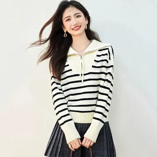 洪合针织源头工厂 条纹半拉链针织衫女 大翻领收腰显瘦套头毛衣