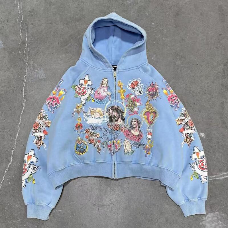Couple's Letter-Printed American-Style Harajuku Rock Y2K Gothic Loose-Fitting Versatile Street Pullover Hoodie with Print