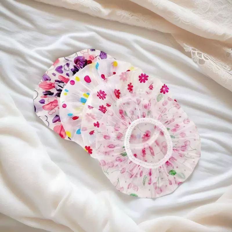 [Трансграничное Специальное] Четыре PEVA утолщенные водонепроницаемые и маслостойкие пылезащитные шапки кружева увеличенные душевые шапки для макияжа шапки