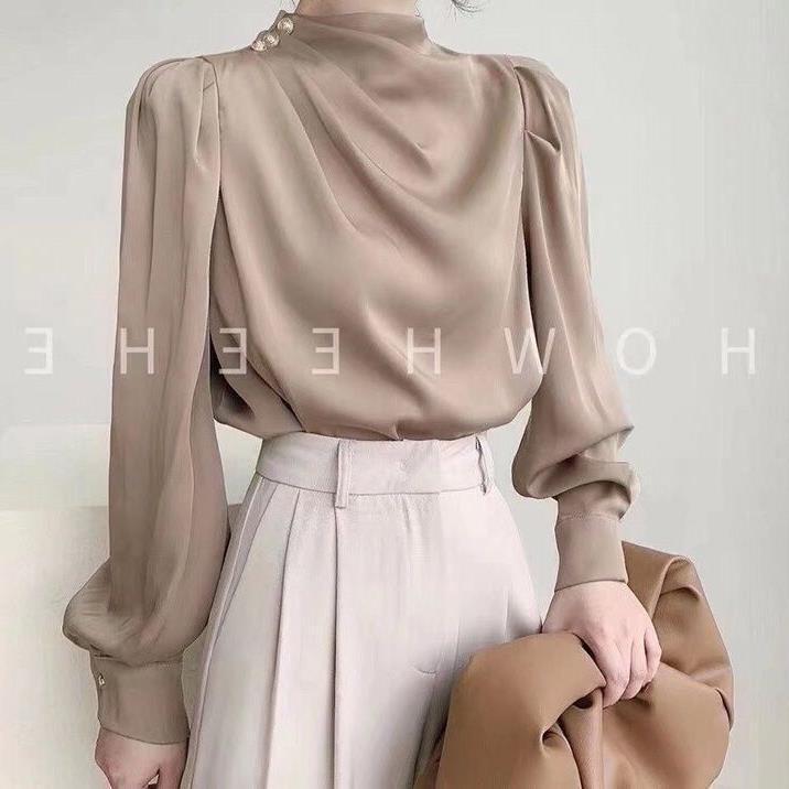 Shirt Women's Design Sense Niche Retro Hong Kong Style Shirt Satin Acetic Professional Stylish Fashion Collar Top Autumn