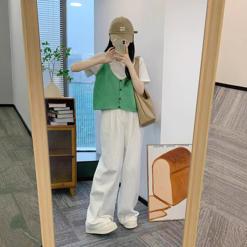 韓国風新作無地シングルボタンニットショート丈アウター レディース ウール混重ね着 若見えベスト レディース 万能|undefined
