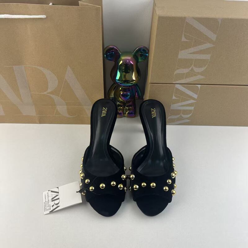 Zar Foreign Trade Spring New Women's Shoes Black Velvet Effect Studded Backless Slip-On Stiletto Heels