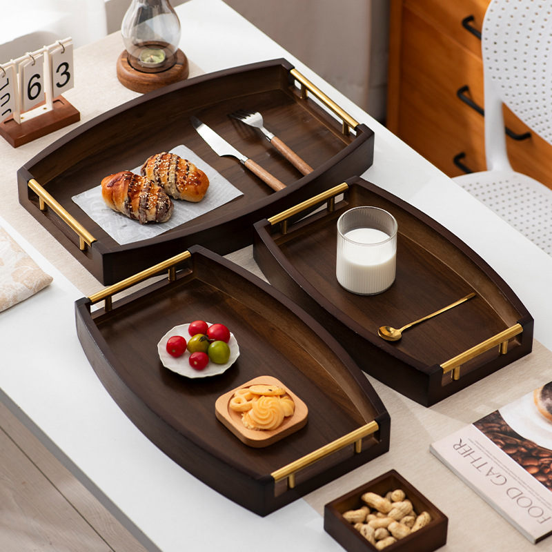 Walnut-Colored Half-Moon Decorative Tray with Gold Handles, Suitable for Hotel and Guesthouse Breakfasts, Available in Various Sizes