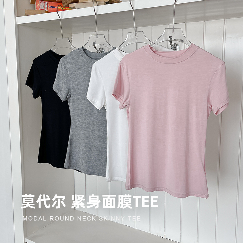 Modal Round Neck Short-Sleeved T-Shirt for Women Spring and Summer New Slim Fit Right Shoulder Bottoming European and American Style Outer Top