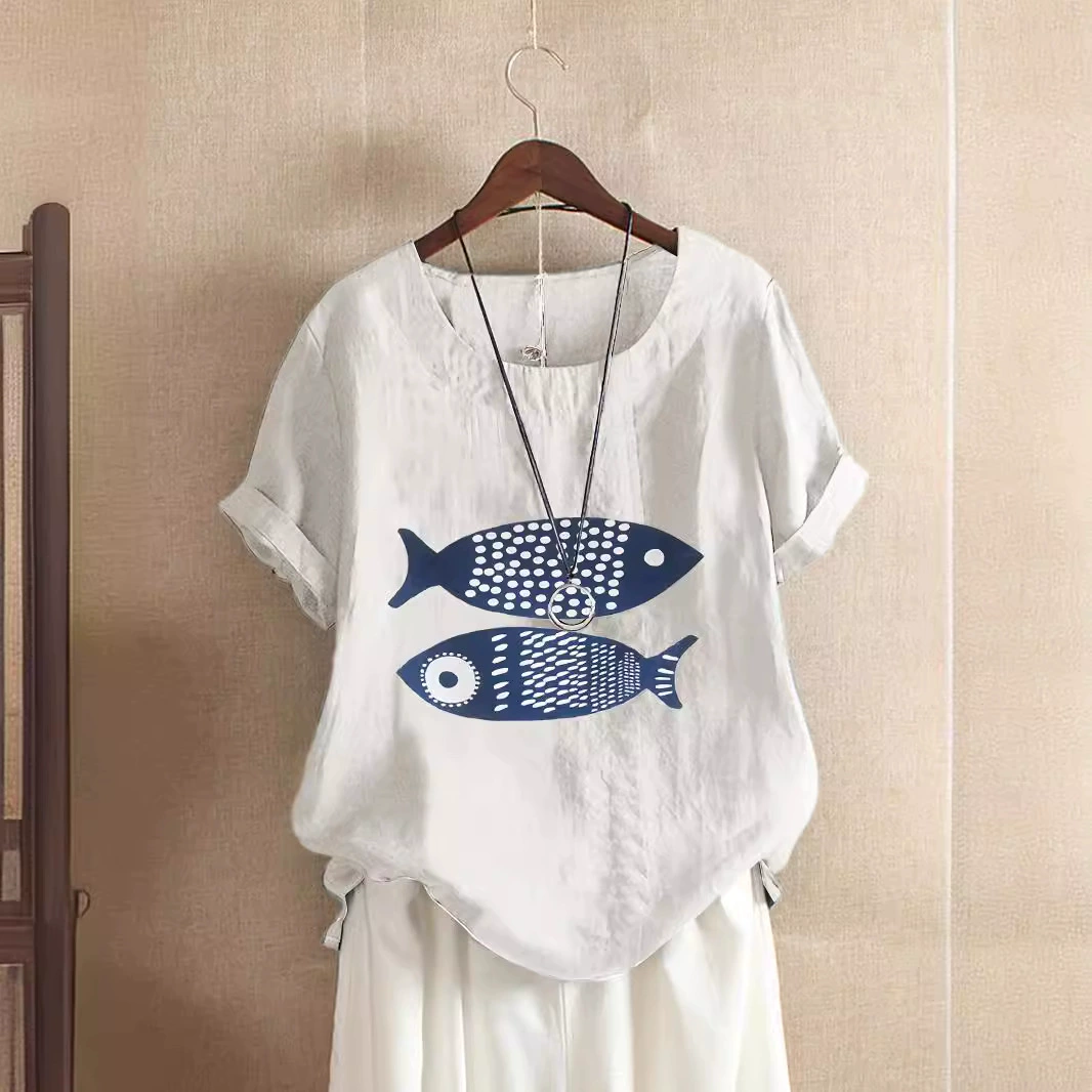 Европа и США 2024 Amazon AliExpress новый принт мультяшная рыба с короткими рукавами свободный O воротник повседневная футболка с короткими рукавами для женщин