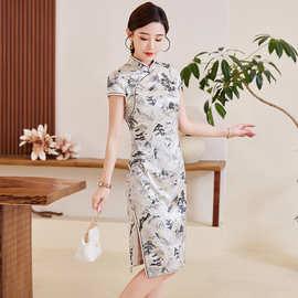 水墨印花桑蚕丝连衣裙女装2024新款夏季国风裙子新中式真丝旗袍裙
