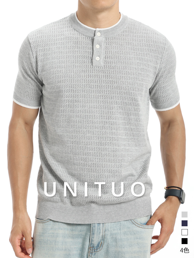 Hombres europeos y americanos huecos Henry cuello camiseta de punto de manga corta verano de negocios casuales transpirables de alto nivel de sensación de blusa versátil