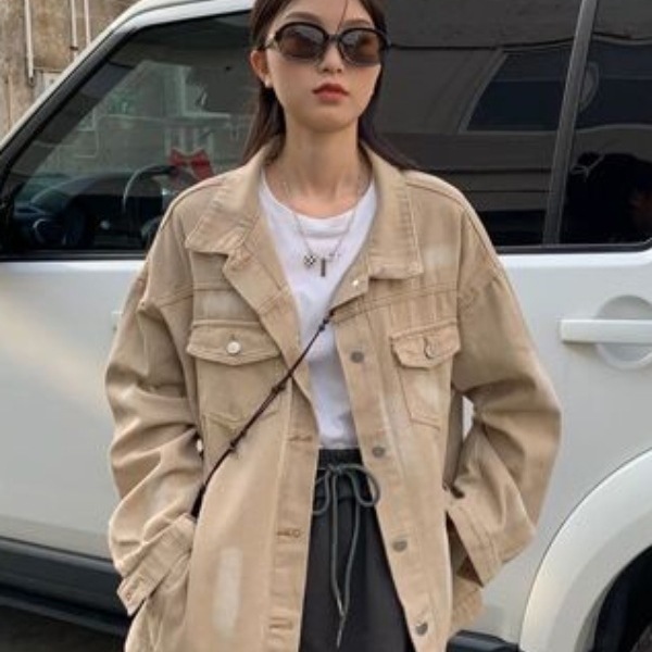卡其色牛仔外套女春秋2025新款韩版宽松复古高街港风美式夹克上衣|undefined