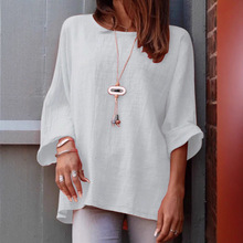 欧美跨境外贸宽松休闲女士衬衫圆领棉麻舒适长袖T恤秋冬款女上衣