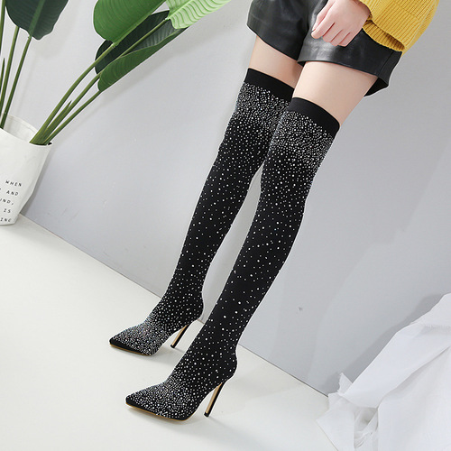 Women's Over-the-Knee Boots, Western Style Pointed Toe, Slim Heel, Diamond Decoration, Plus Size, Elastic Socks Boots
