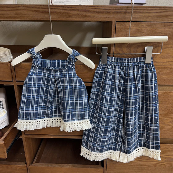 Girls Retro suit Summer New Baby Girls Plaid Sleeveless Top Pants Two-piece Set CM1135