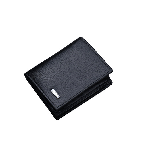 Men's short, vertical-style leather wallet with zipper and reinforced design—anti-scan feature—leather texture in lychee pattern