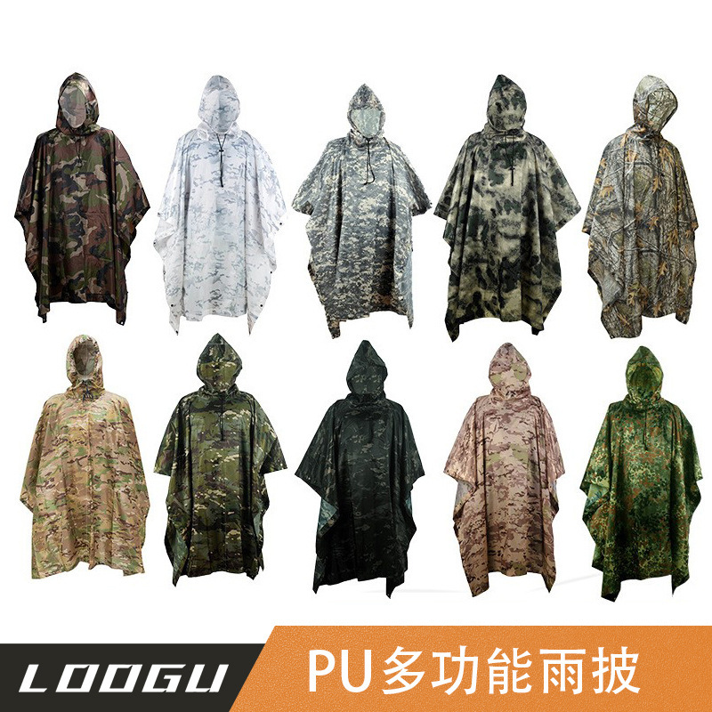 Outdoor Raincoat Wholesale Camouflage Poncho Hiking and Mountaineering Supplies Three-In-One Lightweight Cape Poncho Tarp Split Type