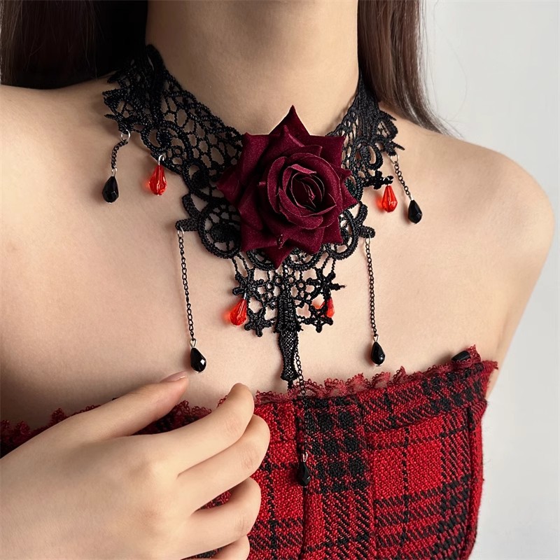 Cross-Border Gothic Style Lace Rose Flower Choker Neck Strap Neck Accessories Necklace Women's Necklace Original Design