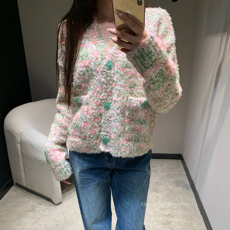 粉绿混织V领针织衫 甜美少女风时尚百搭长袖开衫秋冬 ZW65129