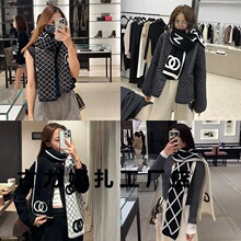 高品质菱形格纹羊绒围巾女冬双面针织提花5字母羊毛高档披肩两用