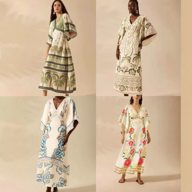 Cross-border Amazon AliExpress 2025 Summer New V-neck Fashion Loose Printing Large Pendulum Long dress Women Cross-border Amazon AliExpress 2025 Summer New V-neck Fashion Loose Printing Large Pendulum Long dress Women