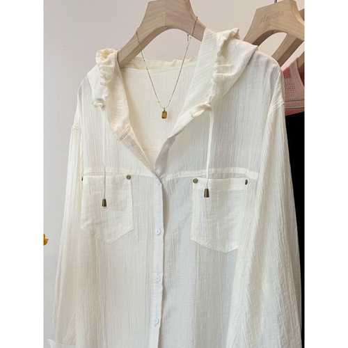White Hooded Sun Shirt Women 2025 Summer Tencel Long Sleeve Casual Shirt Loose Blouse Thin Cardigan