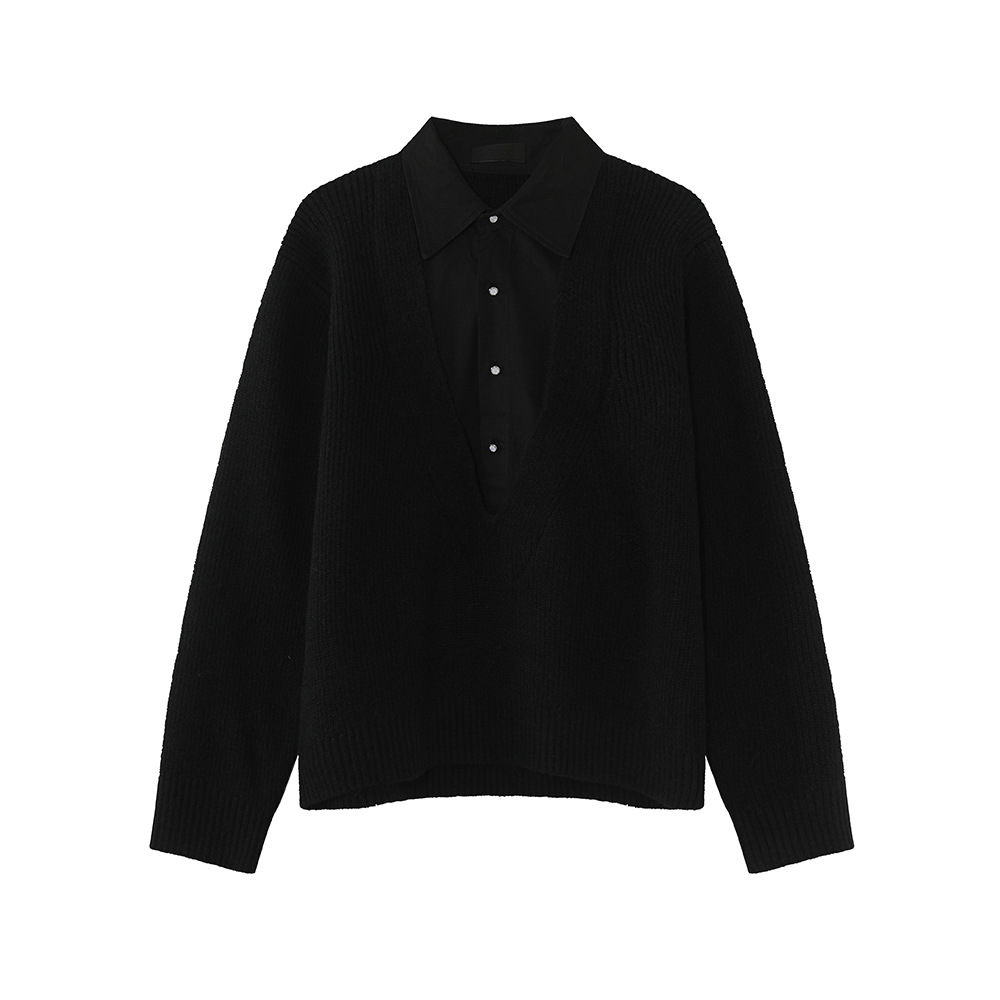 MTLCLOTHES Hombres| Alta sensibilidad viejo qianfeng falso dos piezas de camisa de costura de cuello en V profundo nicho camisa de punto de tendencia