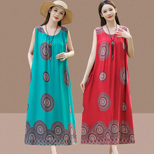 洋气高端棉绸连衣裙夏季年轻妈妈无袖吊带裙法式高级感沙滩长裙子