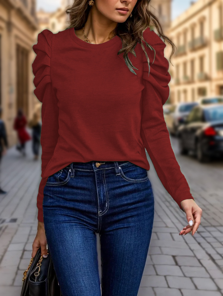 Ropa de Mujer de Manga Corta para Otoño e Invierno 2023, Estilo Europeo y Americano, Nueva Colección Transfronteriza de Amazon, Cuello Redondo de Cachemira de Alta Elasticidad, Ajuste Entallado, Mangas Abullonadas