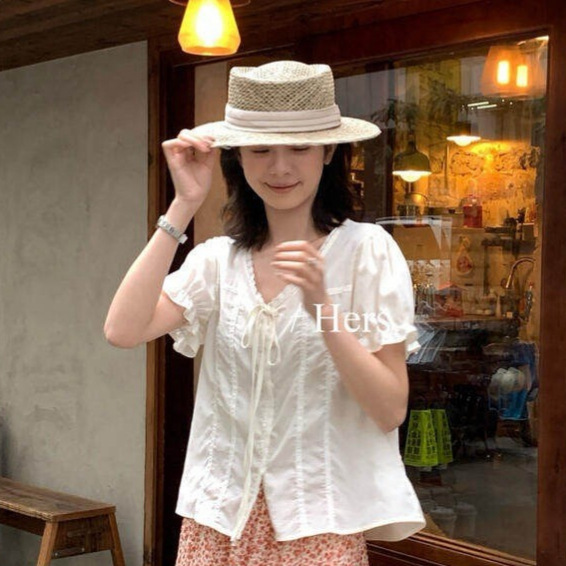Hers Sweet Summer Korean Retro Lace Patchwork Versatile Pullover V-Neck Tie Sleeveless Top for Women 80436