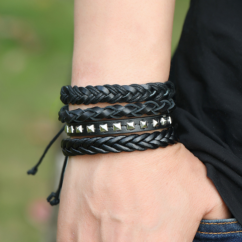 punk style multi-layer woven leather bracelet 12-piece set