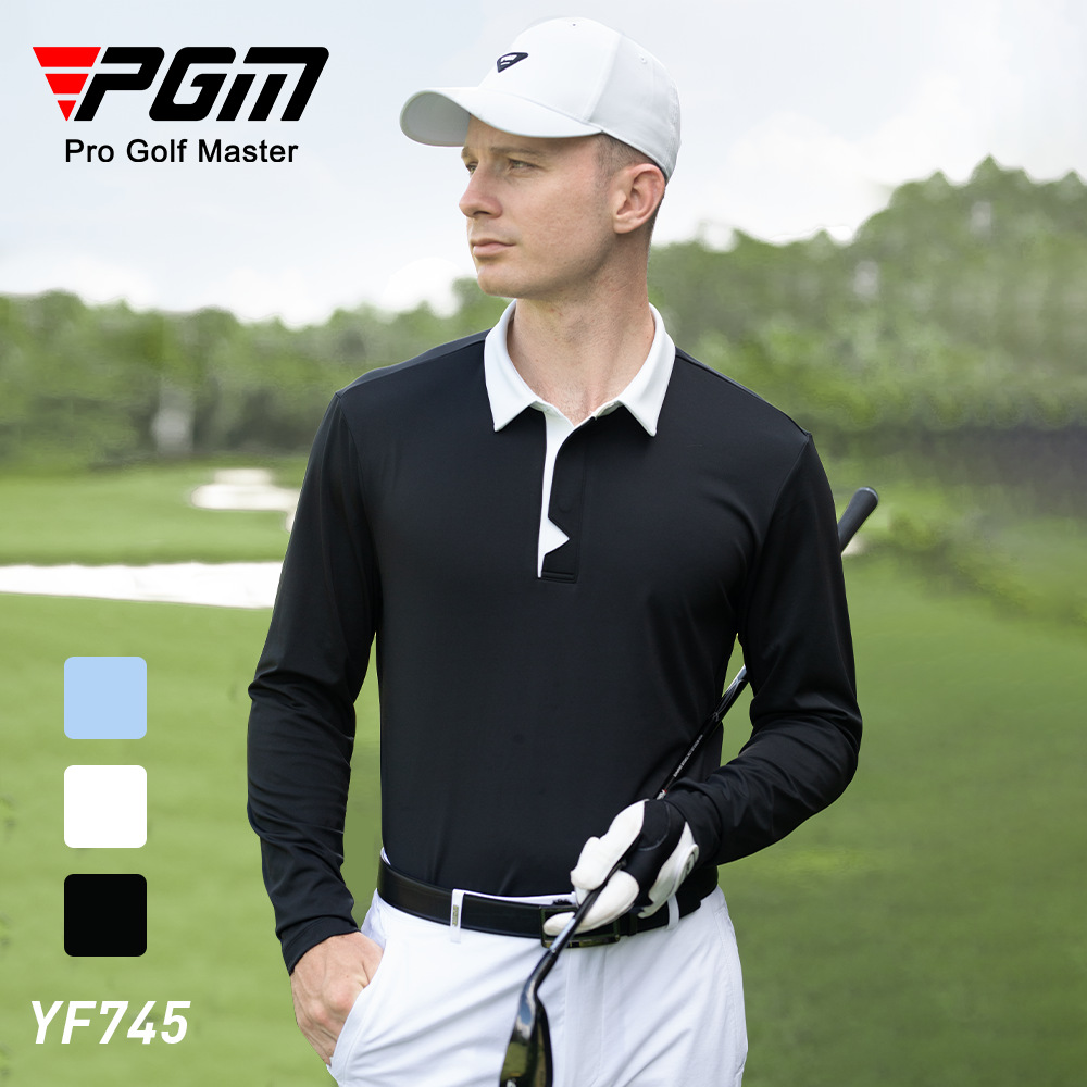 Áo thun golf nam dài tay cổ bẻ PGM thoáng khí mềm mại — YF745-Áo đen [mềm mại và thoải mái/thiết kế phối màu], YF745-Áo trắng [mềm mại và thoải mái/thiết kế phối màu], YF745-Áo màu xanh nhạt [mềm mại và thoải mái/thiết kế phối màu]