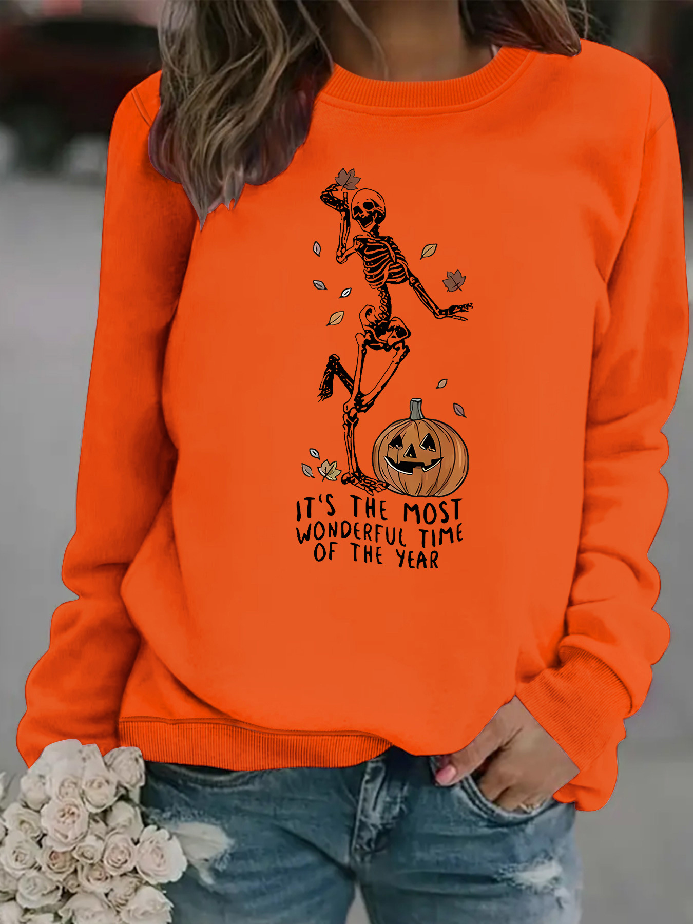 Herren-Sweatshirt mit Kürbis-Totenkopf-Print für Halloween – Gemütlicher Langarm-Pullover mit Rundhalsausschnitt für Damen und Herren (verschiedene Farben und Größen)_voghion.com