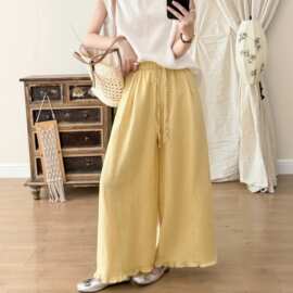 2026夏季新款天丝亚麻休闲裤女文艺百搭简约纯色松紧腰宽松阔腿裤