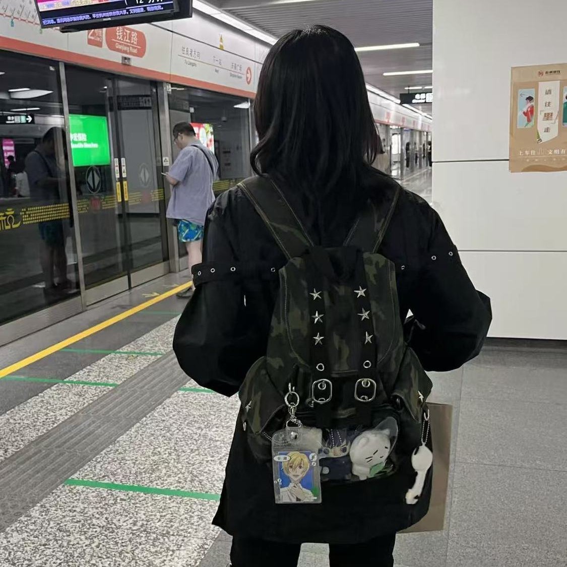 *朝日和空想/原创设计正版ins风灰色迷彩双肩痛包娃包