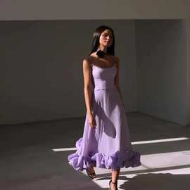 2023亚马逊跨境女装吊带A字花朵大裙摆晚礼服欧美纯色长款连衣裙