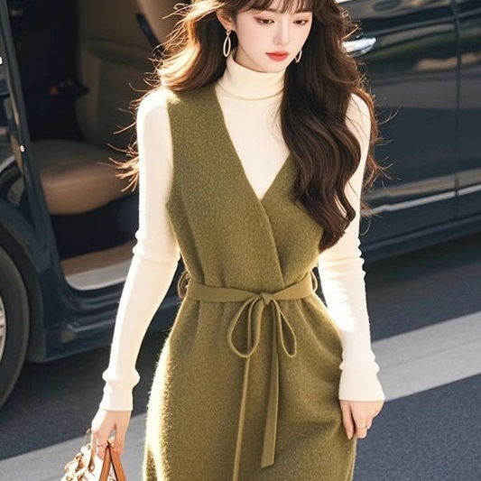 套装女2025冬季新款韩系半高领修身上衣气质针织毛衣连衣裙两件套