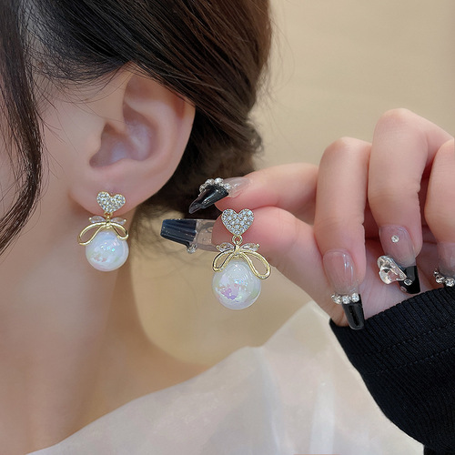 S925 silver needle Korean exquisite micro-embedded bow earrings light luxury niche high-end design love earrings