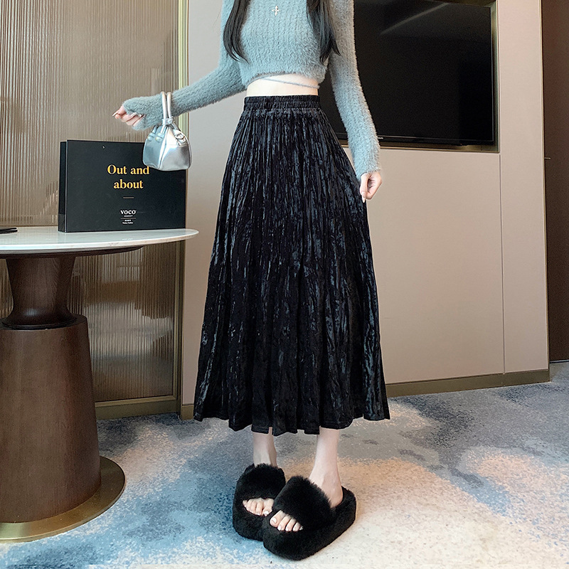厚手の金のベルベットの半身のスカートの女性の秋冬の小さい背の中の長いタイプは腰を緩めてやせているしわのa字の百の傘のスカートを現します。|undefined