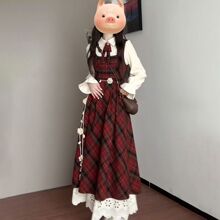 秋冬两件套装韩系复古红色毛呢格子背心连衣裙+杏色衬衫女送领结
