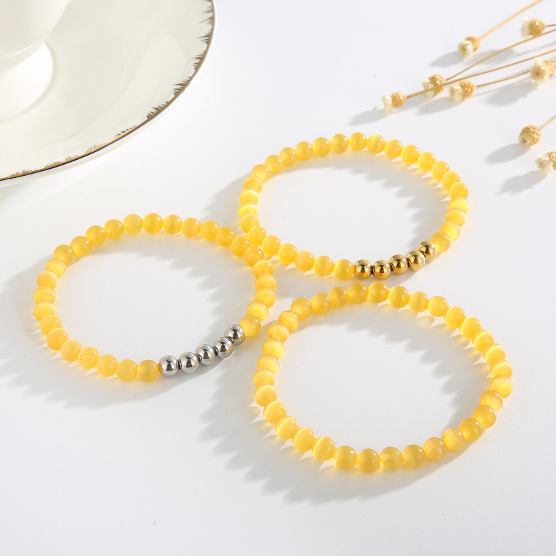 Retro Solid Color Stainless Steel opal Beaded Bracelets 1 Piece