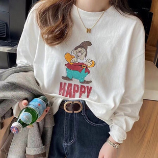 Breastfeeding Clothes for Going Out in Spring & Fall New Round Neck Short Old Man Cartoon Printed Cotton Long-Sleeved T-Shirt Women's Postpartum Breastfeeding Clothes