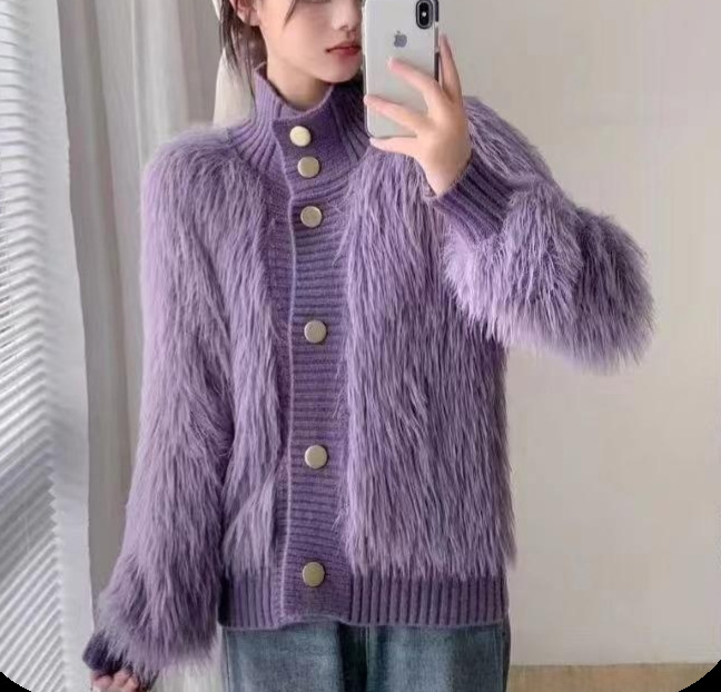 El otoño y el invierno nuevo estilo de imitación de visón de terciopelo collar de pie cardigan exterior de las mujeres de alto grado de temperamento flojo todo fósforo de punto abrigo de moda