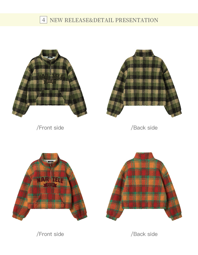 Women's Retro Half Zip Sweater Jacket Letter Embroidered Plaid_voghion.com
