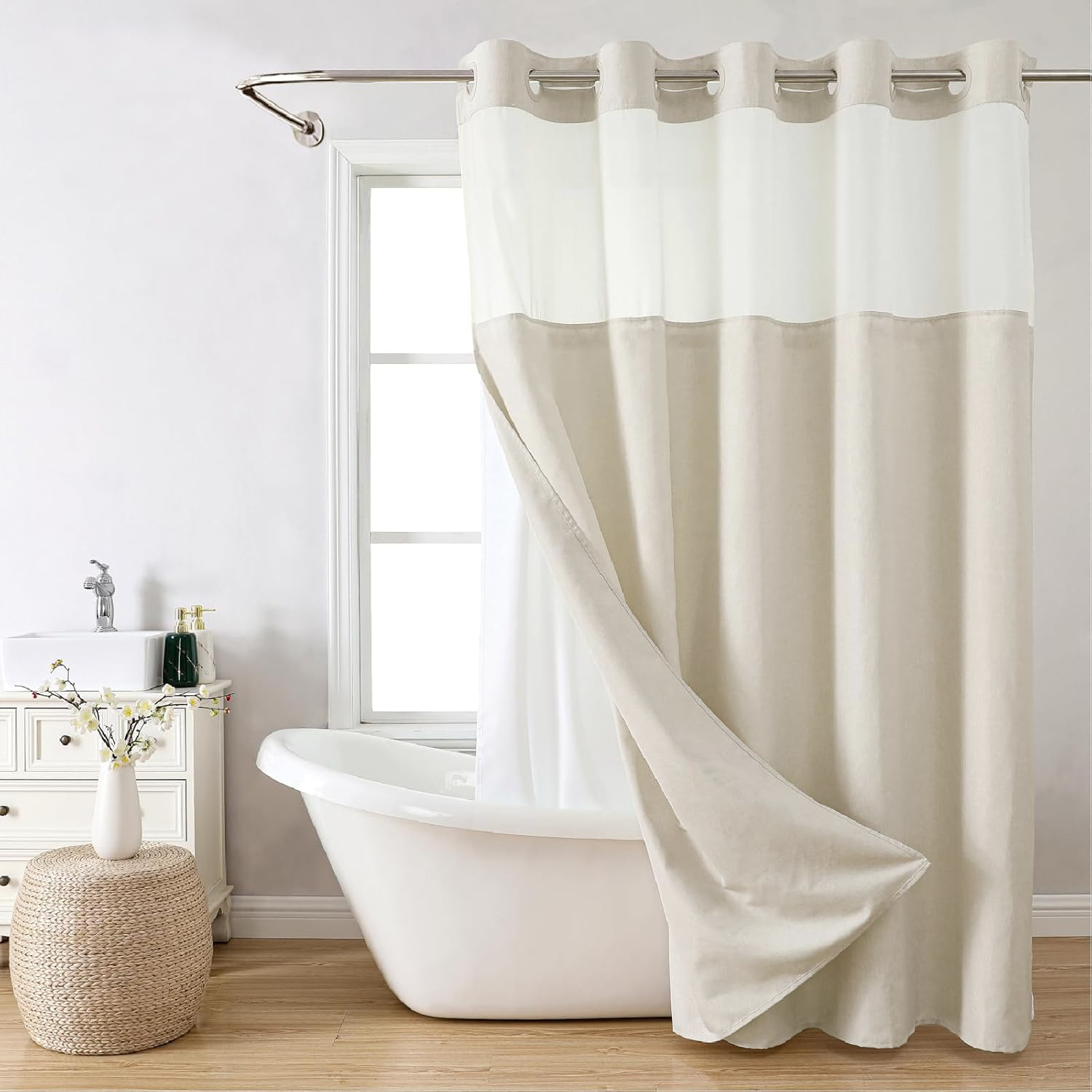 New Hookless Polyester-Cotton Shower Curtain, Thickened Waterproof Large Buckle Bathroom Punch-Free Partition Bathroom Dry and Wet Separation Curtain